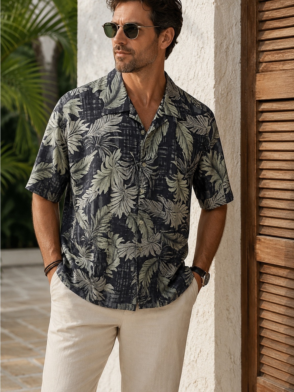 100% Silk Tropical Palm Leaf Camp Shirt